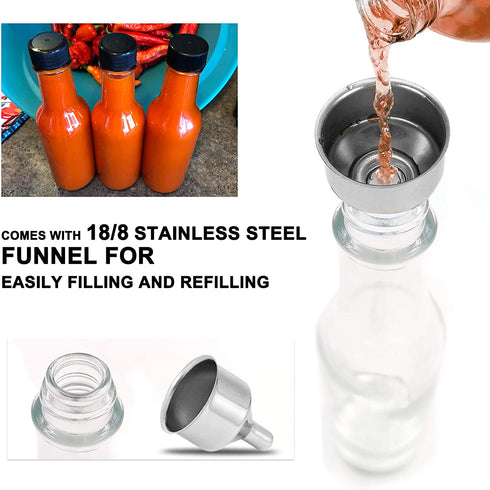 GMISUN Mini Hot Sauce Bottles 5 oz - 24 Pack Woozy Bottles with Black Caps, Shrink Capsules, Dripper Inserts, Funnel and Labels, Small Glass Bottle Dispenser for Homemade Hot Sauces, Dressings, Juice