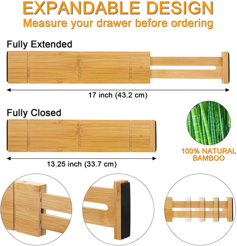 FULUSELEC Adjustable Drawer Dividers Bamboo Organizers with Insert, Expandable Utensil Holder Dresser Drawer Separators for Home, Office, Dressers and Bathroom - 13.25-17 inch