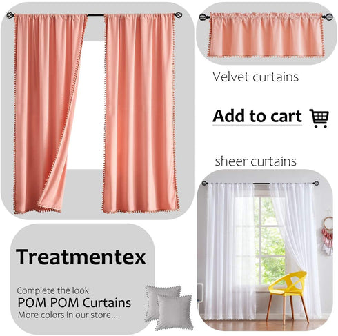 Pom-pom Sheer Curtains for Living Room, 84 inch Long Yellow Curtain Drapes for Kids Room 2 Panels Rod Pocket