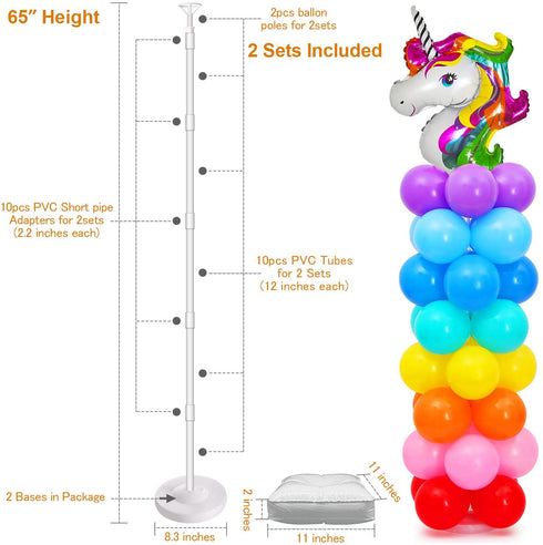 2 Set Balloon Column Stand Kit Base and Pole 65 inch Height + 30Pcs Balloon Rings, Balloon Tower Decoration for Birthday Party Wedding Party Event Decorations