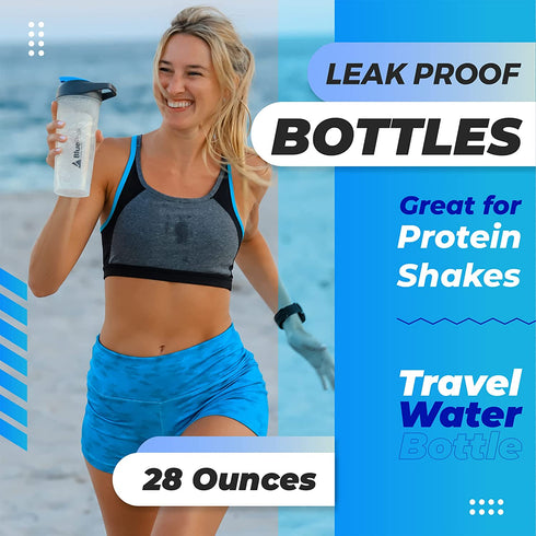 BluePeak Protein Shaker Bottle 28 oz with Dual Mixing Technology, Strong Loop Top, BPA Free, Shaker Balls & Mixing Grids Included - On-The-Go Large Protein Shakers (3 Pack - Black, Yellow, Pink)