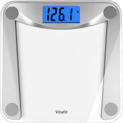 Vitafit Digital Body Weight Bathroom Scale Weighing Scale with Step-On Technology,Extra Large Blue Backlit Display and Batteries Included, 400 Pounds,Clear Glass
