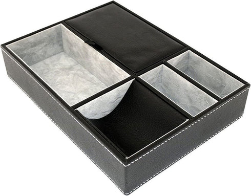 HUJI Men's Black Leatherette Valet Jewelry Tray Display Showcase Insert Liner Organizer 5 Compartments Desk Car Home Dresser Keys Phone Wallet Coins