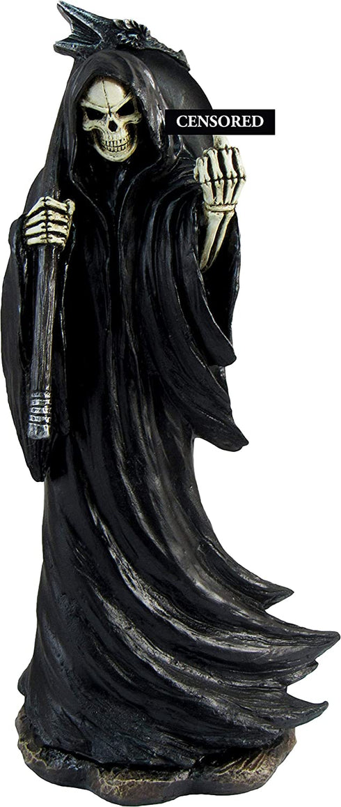 DWK - Grim Grouch - Reaper Harbinger of Death with Middle Finger Flipping The Bird Statue Satire Figurine Halloween Party Novelty Gothic Home Decor Accent, 8-inch