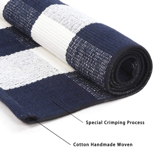 LEEVAN Cotton Buffalo Plaid Outdoor Rugs 2x4 ft Checkered Front Porch Rug Washable Woven Welcome Braided Door Mat for Layered Kitchen Farmhouse Bathroom Entryway Throw Carpet, Navy Blue and White