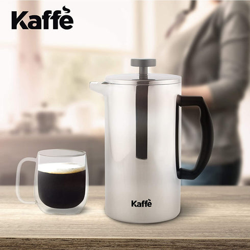 Kaffe French Press Coffee Maker. Food-Grade Double-Wall Stainless Steel (6 Cups 0.8L). Extra Filter Included!