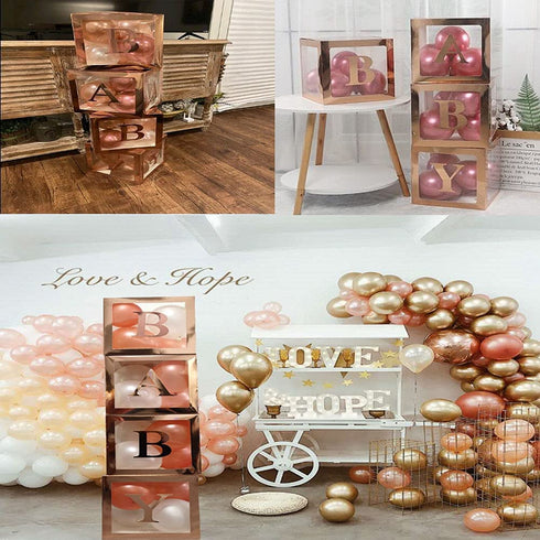 YJHSS Baby Shower Boxes Decorations for Girl & Boy, 4-Pack Transparent Balloons Boxes Décor with BABY Letters for Gender Reveal Baby Shower Decorations Bridal Showers Birthday Party, Rose Gold