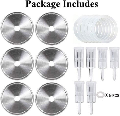 Fermentation Lids, 6 Set Fermentation Kit for Wide Mouth Jars, 6 Stainless Steel Fermenting Lids with 24 Silicone Grommets, 6 Airlocks, 6 Silicone Rings(Jars Not Included)