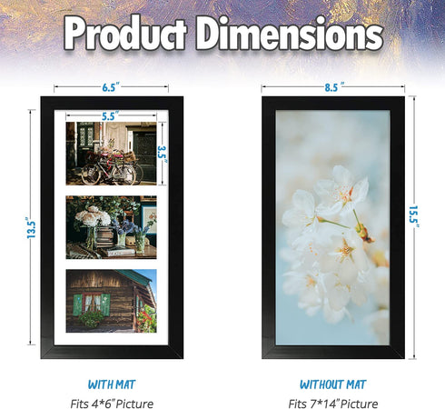 AUEAR, 7x14 Picture Frame, Solid Wood and High Definition Glass, Display Three 4x6 Photos with Mat or 7x14 Without Mat, Wall Display, Decorate Home or Office, Black