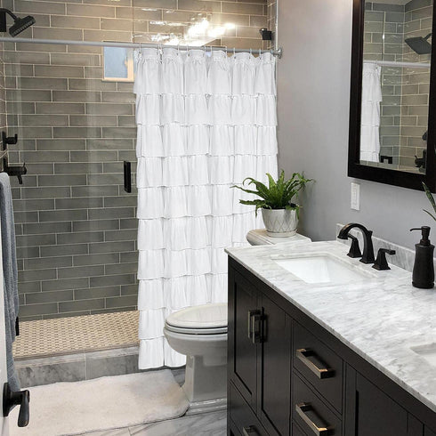 Volens White Shower Curtain Fabric/Ruffle for Bathroom,72in Long