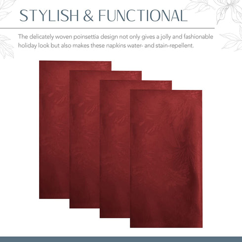 Elrene Home Fashions Poinsettia Elegance Jacquard Holiday Napkins (Set of 4), 17" x 17", Red 4 Count