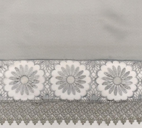 Daisy Dream. Kitchen Cafe Curtain Set for Small Windows. Satin Fabric with Matching Color Daisy Embroidery and Lace. (Grey, Swag and 24 inches Tiers Set)