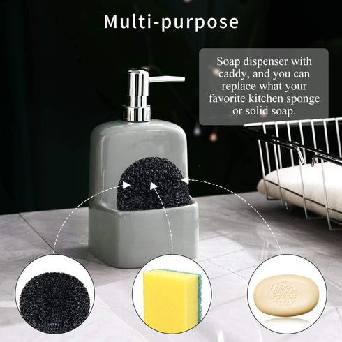 Grey Soap Dispenser for Kitchen Sink - Ceramic Dish Soap Dispenser with Sponge Holder 20 OZ Dish Liquid Dispenser Soap Pump and Sponges Caddy