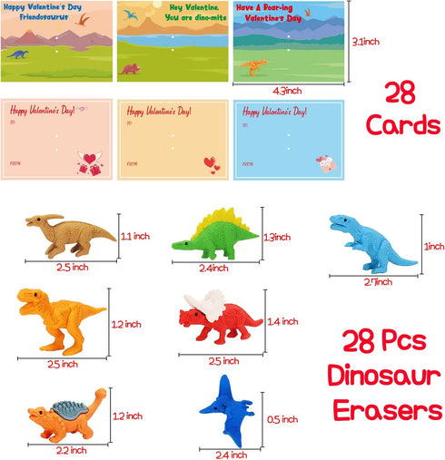 28 PCS Dinosaur Erasers Valentines Day Gifts Cards for Kids Classroom School, 3D Mini Puzzle Pencil Erasers Bulk Toys Kids Valentines Day Exchange Gift Cards for Boys Girls Valentine Party Favors