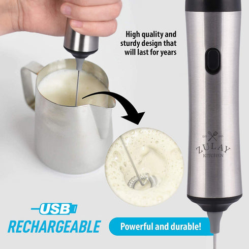 Zulay Super High Powered Rechargeable Milk Frother & Milk Foamer for Coffee - Portable Handheld Frother Whisk for Latte, Cappuccino, Matcha - Includes 1-Single & 1-Double Coil Whisks, Unlimited Life