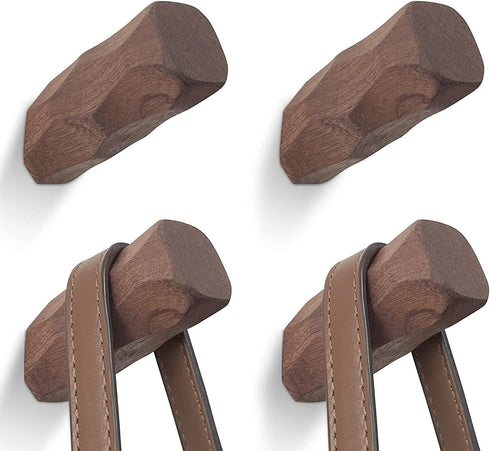 Wood Wall Hooks,4 Wooden Coat Hooks Wall Hangers, Wooden Wall Hat Hooks, Irregular Wooden Wall Hooks for Hanging Hats, Coats, Towels (Walnut)