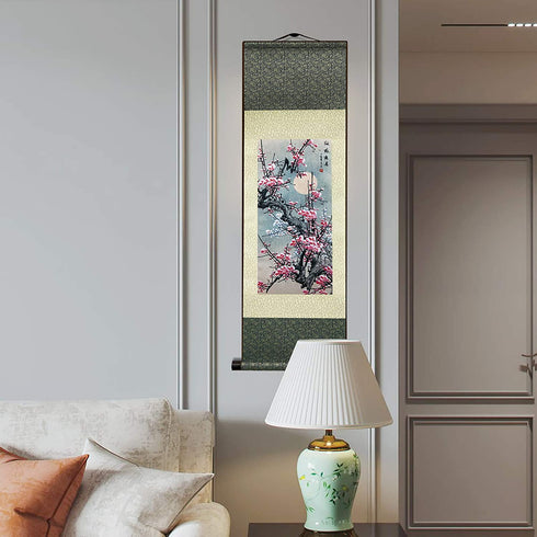 AtfArt Asian Wall Decor Beautiful Silk Scroll Painting Flowers - Plum - Red Plum Primula Primula Rubra Oriental Decor Chinese Art Wall Scroll Wall Hanging Painting Scroll (39 x 12 in)