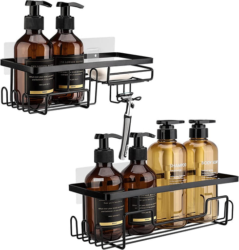 BBtang Shower Caddy, Shower Organizer Adhesive Wall Mounted Shelf with 11 Hooks, No Drilling Black Shower Racks Basket Shelves Stainless Steel Bathroom Storage Shampoo Holder for Toilet Kitchen 2 Pack