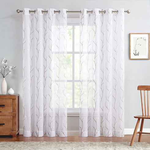 Lazzzy Sheer Curtains for Bedroom 84 Inch Length Floral Embroidered White Sheers for Living Room Embroidery Voile Grommet Window Curtain Panels Set 2 Pcs