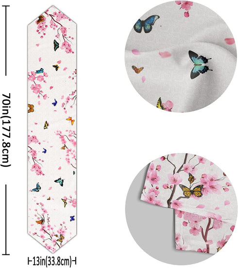 Japanese Sakura Cherry Blossom Table Runner 13x70 Inch Pink Floral Butterfly Table Runners Dresser Scarves for Kitchen Coffee Table Dresser Holiday Party Wedding Farmhouse Table Decor