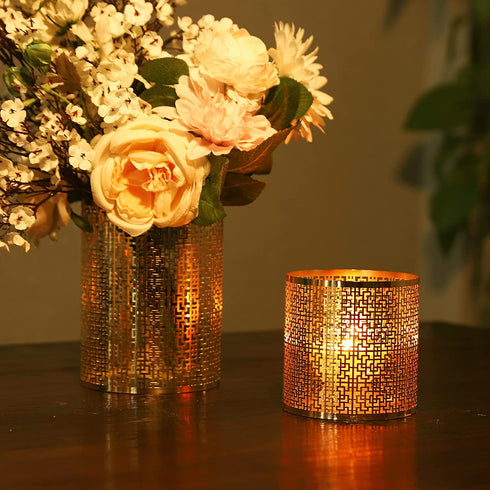Metal Candle Holders Set of 3 Gold Pillar Candle Holder Tea Light Hurricane Votive Candle Holders for Wedding Decor, Home Decor, Birthday Decor, Party Decor, Window sash Pattern