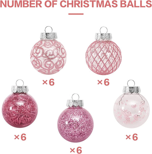 60MM/2.36" Clear Christmas Ornaments Set, 30PCS Shatterproof Decorative Hanging Ball Ornament with Stuffed Delicate Decorations, Xmas Tree Balls for Halloween Holiday Party Thankgivings - Pink.