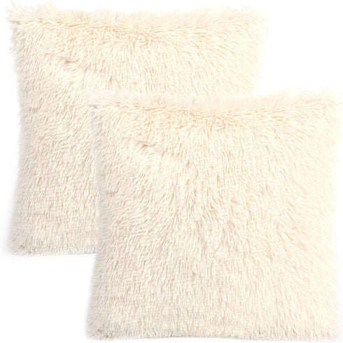 YOUR SMILE Pack of 2, Decorative Plush New Luxury Series Merino Style Faux Fur Throw Pillow Case Cushion Cover 18" x 18"(Ivory,White)