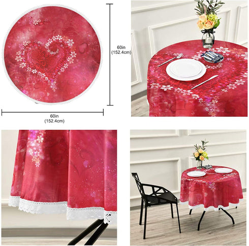 Pfrewn Valentine Day Round Tablecloth, Red Heart Mothers Day Flowers Table Cloth Cover Mat, Lace Washable Polyester 60" Dining Decorative for Holiday Home Party Wedding Picnic