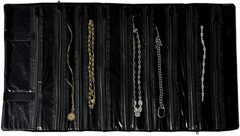 UnionPlus Velvet Travel Jewelry Case Roll Bag Organizer for Necklace, 9 Zipped Grids, Black
