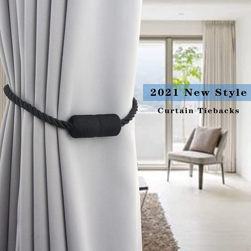 Porlau 2 Pack Strong Magnetic Curtain Tiebacks Outdoor Elegant Decorative Tie Backs Modern Rope Tiebacks for Drapes Window Curtain Holdbacks for Draperies- Black