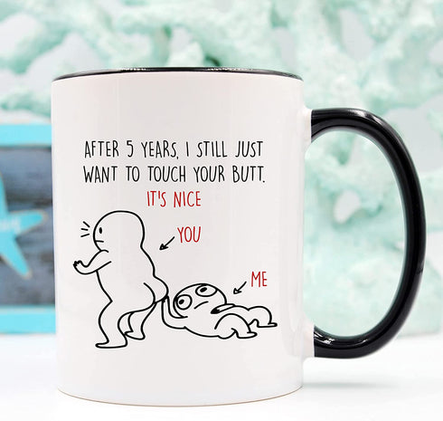YouNique Designs 5 Year Anniversary Mug, 11 Ounces, Funny 5th Anniversary Coffee Mug for Her and Him, Fifth Year Wedding Anniversary Cup, 5th Wedding Anniversary Mug (Black Handle)