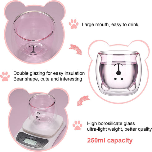 2 Pieces Cute Bear Mugs Insulated Double Wall Glass Bear Cups Animal Tea Milk Juice Chocolate Cappuccino Cups Home Glass Bear Cups Glass Mugs for Valentine's Day to lover (White, Pink)