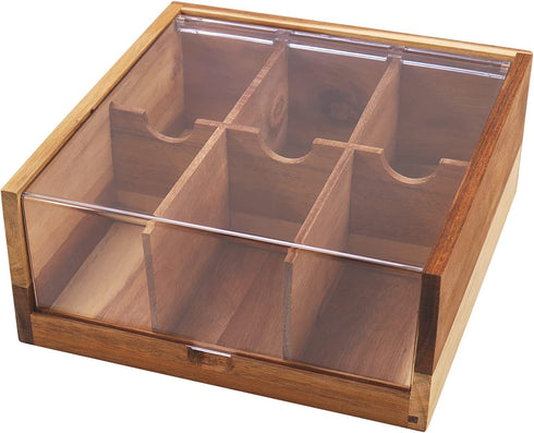 Acacia Wood Tea Bag Organizer Storage, 6 Compartments Tea Chest Box with Acrylic Transparent Hinged Lid By HTB