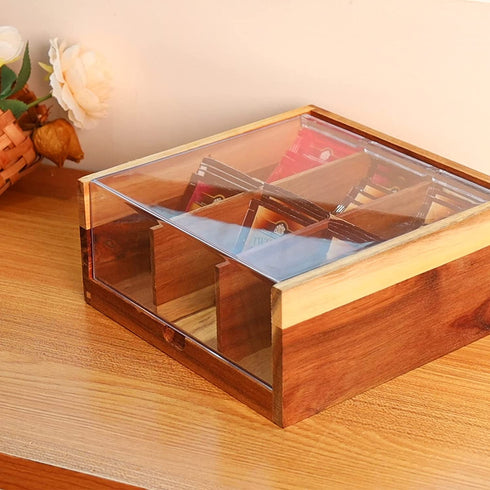Acacia Wood Tea Bag Organizer Storage, 6 Compartments Tea Chest Box with Acrylic Transparent Hinged Lid By HTB
