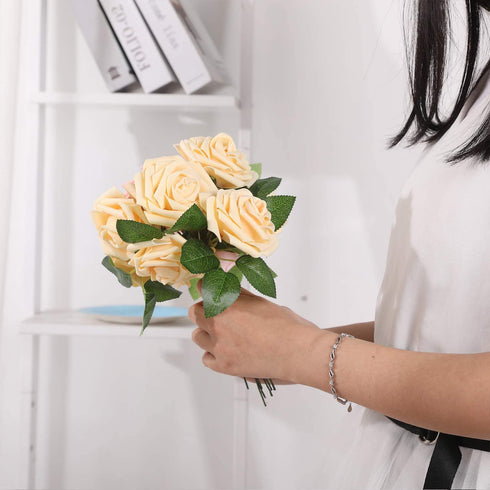 Artificial Flowers Roses 50pcs Champagne Roses Wedding Decoration Real Looking Fake Roses w/Stem for DIY Wedding Bouquets Centerpieces Arrangement Party Baby Shower Home Decoration (Champagne, 50 pcs)