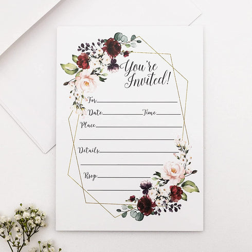 50 Elegant Floral Geometric Elegant Frame Invitation Burgundy Marsala Gold (Large Size 5x7) Weddings, Bridal or Baby Shower Invite, Birthday Invitation, Any Occasion (5X7 Large)