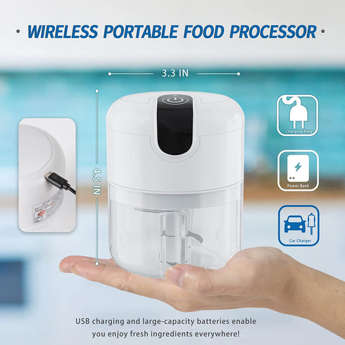 HeezeeBeezee Portable Electric Mini Garlic Chopper-Small Wireless Food Processor, Herb Grinder with USB Charging, Used for Ginger, Onion, Pepper, Vegetables, Meat, Herbs (3.4oz & 8.5oz Bowls), White