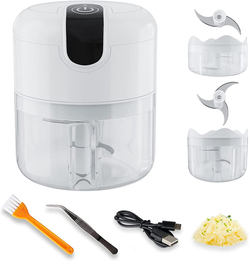 HeezeeBeezee Portable Electric Mini Garlic Chopper-Small Wireless Food Processor, Herb Grinder with USB Charging, Used for Ginger, Onion, Pepper, Vegetables, Meat, Herbs (3.4oz & 8.5oz Bowls), White