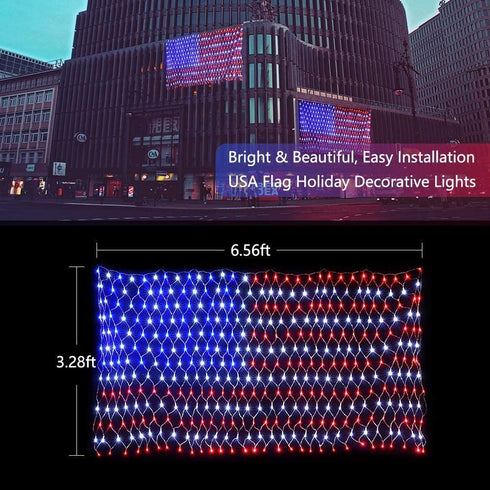 American Flag Lights, 6.56ft x 3.28ft Red White Blue Led Flag Lights, 390 LED Flag Net Lights with 8 Modes for Independence Day, Memorial Day, Christmas Day, Festival Decorations