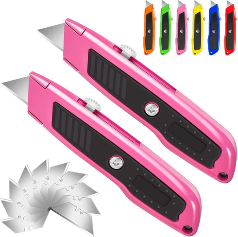 Jetmore 2 Pack Box Cutter Utility Knife, Heavy Duty Box Cutter Knife Razor Knife, Box Cutter Retractable with 10 SK5 Blades, Aluminum Shell Box Knife for Carton, Box, Cardboard