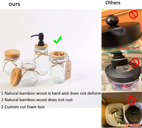 Bathroom Accessories Set Mason Jar, Foaming Soap Dispenser+2 Apothecary Jars+Toothbrush Holder, Bathroom Canisters Rustic Farmhouse Bathroom Decor Jars with Bamboo Lid, Country Countertop, Black
