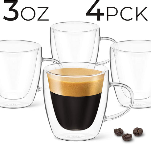 DLux Espresso Coffee Cups 3oz, Double Wall, Clear Glass set of 4 Glasses with Handles, Insulated Borosilicate Glassware Tea Cup