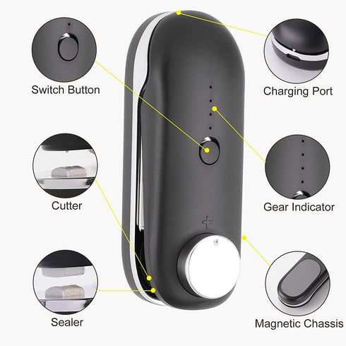 INHDBOX Mini Bag Sealer Rechargeable, Portable Handheld Bag Heat Vacuum Sealer with 3 Adjustable Sealing, Bag Resealer Machine Food Saver for Plastic Chip Bags, Storage Snack Cookies, Black