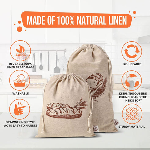 K&S Easy Shop Bread Bags for Homemade Bread Pack of 6 Linen Bread Bag for Bread, Vegetables, Fresh Bread Storage & Baguettes Storage 3 Small & 3 Large Bread Storage Bags Reusable Canvas Bags