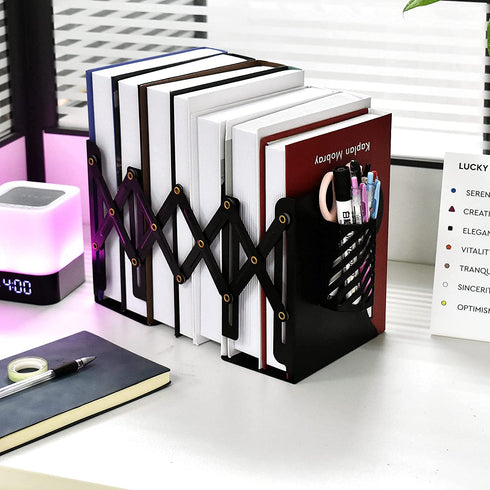 PROWOHO Adjustable Book Ends, Bookends with Removable Pen Holder for Office, Shelves, Desktop File Organizer, Kitchen, School Library and Home, Black
