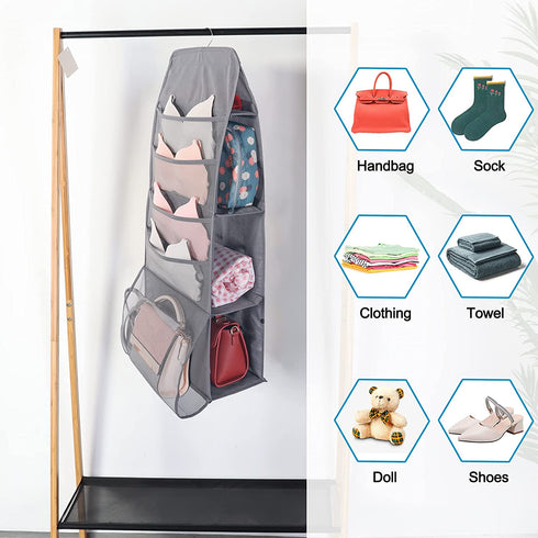 ELUCHANG 4-Shelf Hanging Closet Organizer, Handbags Holder with 2 Sturdy Hooks for Closet,Grey