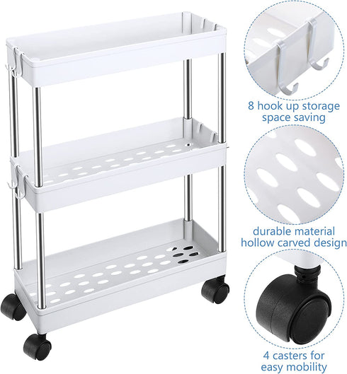 3 Tier Slim Storage Shelves Cart Rolling Utility Cart Mobile Shelving Unit Organizer Slid Out Utility Cart with Wheels and 8 Pieces Metal Hooks for Bathroom Kitchen Office (White)