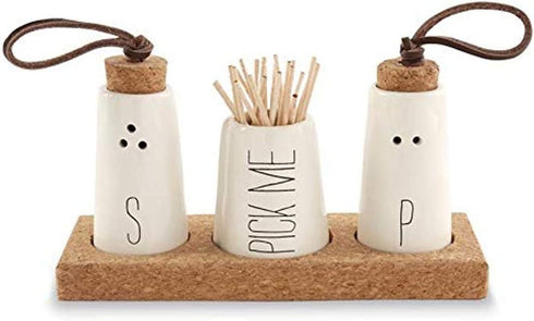 Mud Pie, Off-White Salt, Pepper & Toothpick Holder, Size: tray 2" x 6" | shakers 2 3/4" x 1 1/2" dia