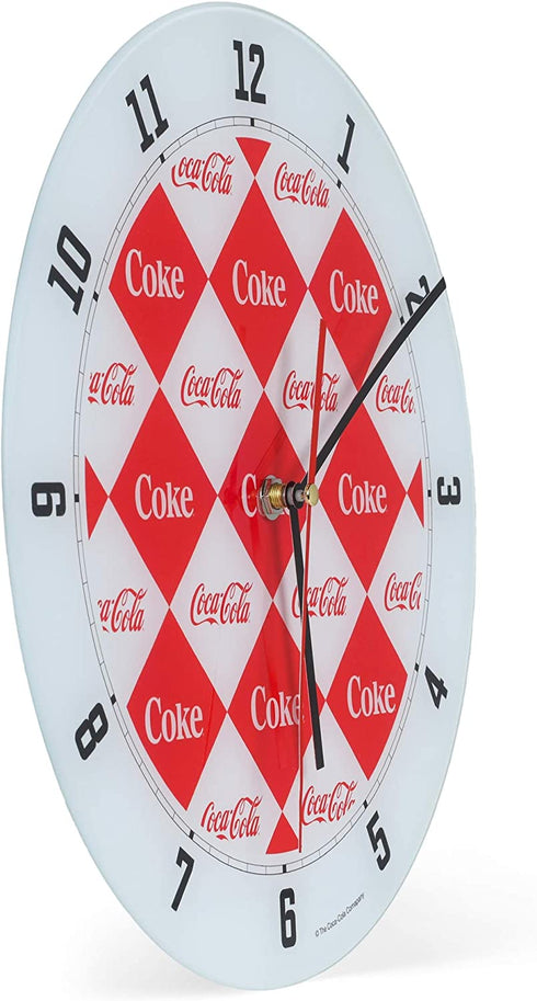 Mark Feldstein & Associates Coca Cola Diamond Pattern Red and White 12 inch Glass Round Wall Clock