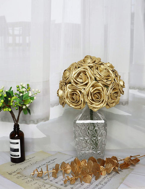 D-Seven Artificial Flower 25pcs Gold Foam Fake Roses with Stem for DIY Wedding Bouquets Floral Arrangements Wedding Flower Bridal Shower Party Home Decor (Gold)